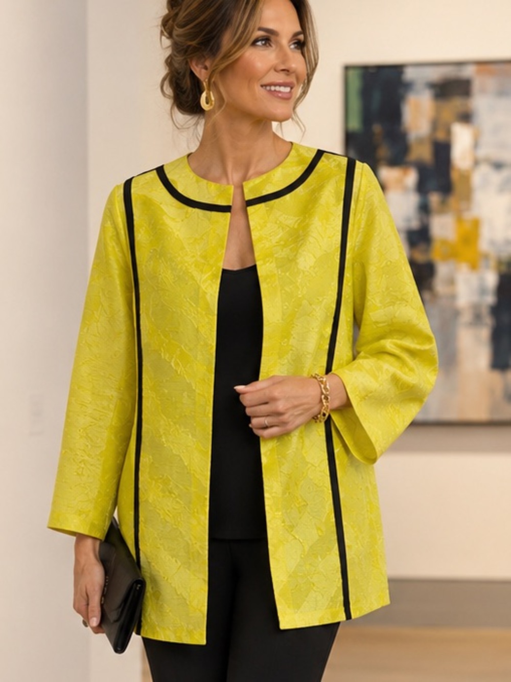 Emmelle Chartreuse Textured Semi-Sheer Jacket Black Trim Size Small
